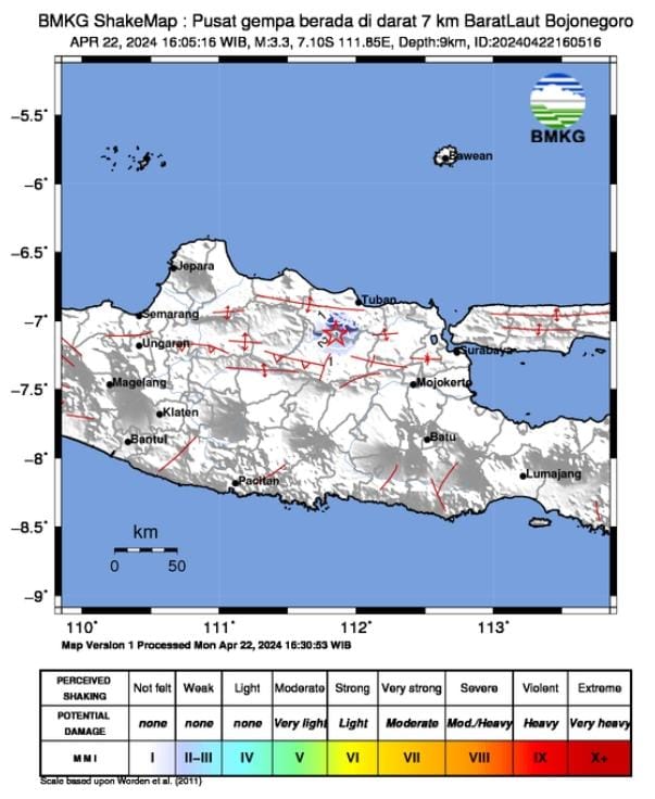 Bojonegoro Diguncang Gempa Tektonik M3,3, Getaran Dirasakan Hingga Tuban